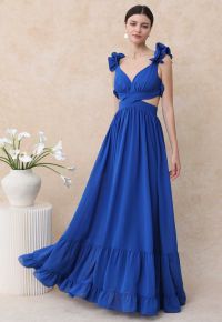 Lace-Up Back Ruffle Cut Out Chiffon Gown in Indigo