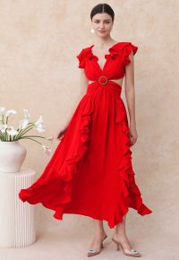 Cascade Ruffle O-Ring Tie-Back Maxi Dress in Red
