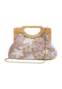Wooden Handle Sequined Embroidered Floral Handbag