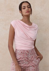 Drape Neck Ruched Sleeveless Top in Pink