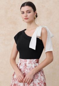 Organza Bow Accent One-Shoulder Slanted Top in Black