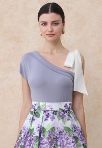 Organza Bow Accent One-Shoulder Slanted Top in Lilac