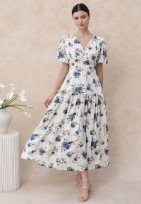 Floral Flourish V-Neck Puff Sleeve Dress in Ivory