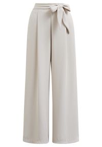 Bowknot Waist Pleated Front Pants in Oatmeal