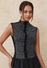 Rhinestone Decor Double-Layered Mesh Ruffle Sleeveless Top in Black