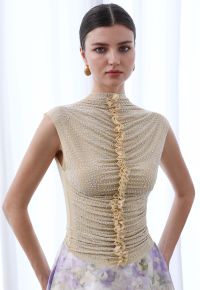 Rhinestone Decor Double-Layered Mesh Ruffle Sleeveless Top in Apricot