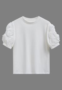 3D Organza Rose Short Sleeve Top in White