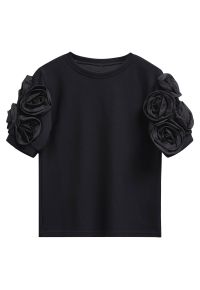3D Organza Rose Short Sleeve Top in Black