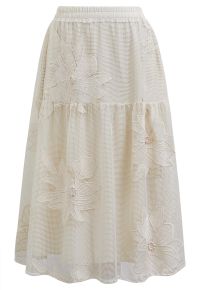 Intricate Embroidered Floral Fishnet Midi Skirt in Sand