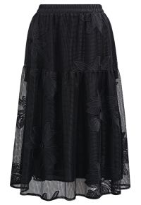 Intricate Embroidered Floral Fishnet Midi Skirt in Black