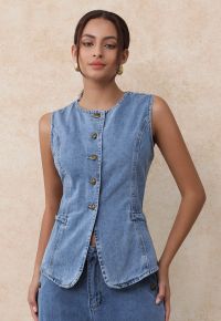 Fake Welt Pocket Button-Up Denim Vest in Blue