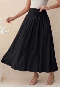 Self-Tie Shirred Waist Crinkle Skirt in Black