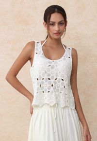 Scoop Neckline Floral Cutwork Crochet Sleeveless Top in White