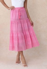 Floret Embroidered Eyelet Cotton Midi Skirt in Hot Pink