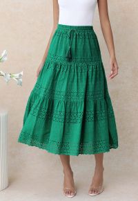 Floret Embroidered Eyelet Cotton Midi Skirt in Dark Green