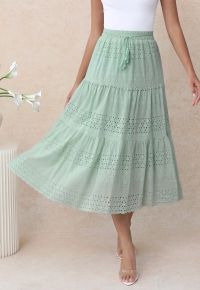 Floret Embroidered Eyelet Cotton Midi Skirt in Pea Green