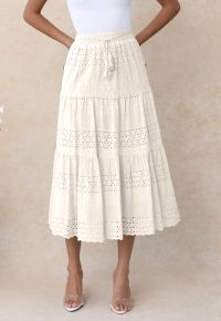 Floret Embroidered Eyelet Cotton Midi Skirt in Cream