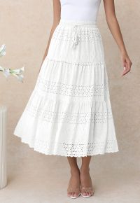 Floret Embroidered Eyelet Cotton Midi Skirt in White