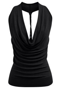 Knitted Cowl Neck Braided Open Back Sleeveless Top in Black