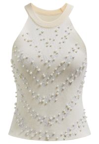 Pearl Embellished Metallic Knit Tank Top in Cream