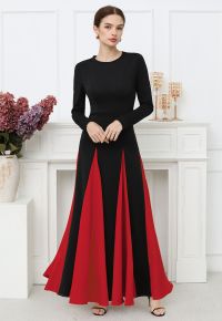 Long Sleeve Contrast Color Panel Maxi Dress in Red