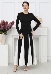 Long Sleeve Contrast Color Panel Maxi Dress in White