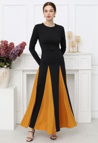 Long Sleeve Contrast Color Panel Maxi Dress in Pumpkin