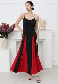 Stylish Contrast Color Panel Cami Maxi Dress in Red