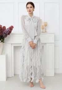 Cascade Ruffle Polka Dot Bowknot Chiffon Maxi Dress in White