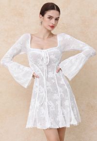 Square Neck Floral Binding Trimmed Mini Dress in White
