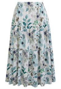 Watercolor Anemone Print Cotton Midi Skirt
