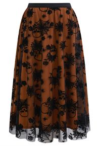 Haunting Skull and Spider Web Tulle Skirt in Pumpkin