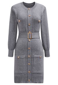 Golden Button Embellished Belted Mini Knit Dress in Grey