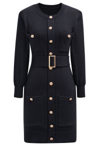 Golden Button Embellished Belted Mini Knit Dress in Black