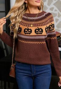 Jack-O'-Lantern Fair Isle Knit Sweater in Brown