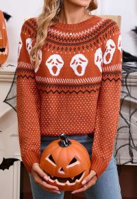 Ghoulish Skull Fair Isle Knit Sweater in Orange