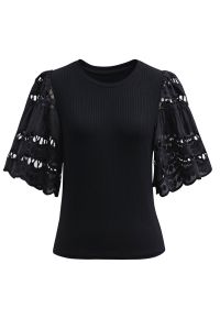 Embroidered Flutter Sleeve Rib Top in Black