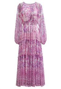 Wild Tropic Puff Sleeve Ruffle Chiffon Maxi Dress in Lavender
