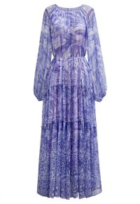 Wild Tropic Puff Sleeve Ruffle Chiffon Maxi Dress in Purple