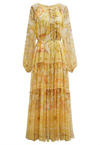Wild Tropic Puff Sleeve Ruffle Chiffon Maxi Dress in Yellow