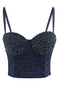 Rhinestone Embellished Corset Push-Up Bra Top in Navy
