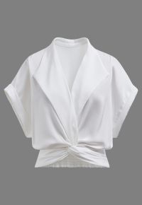 Faux-Wrap Twist Front Shirred Satin Top in White