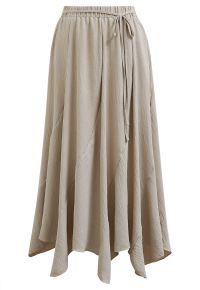 Tie-Waist Panel Asymmetric Midi Skirt in Taupe