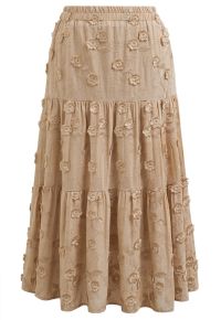 Tasseled Florets Embroidered Midi Skirt in Apricot