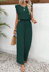Crochet Sleeveless Top and Drawstring Pants Set in Dark Green