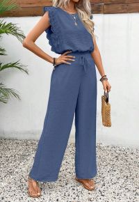 Crochet Sleeveless Top and Drawstring Pants Set in Navy
