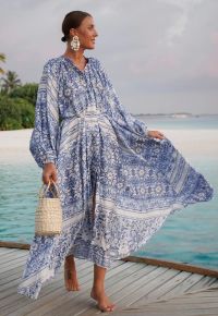 Blue Tile Printed Full Pleats Button Down Asymmetric Maxi Dress