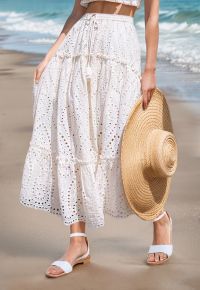 Eyelet Embroidery Tassel String Maxi Skirt in White