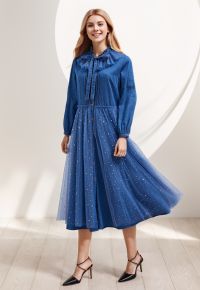 Glitter Night Mesh Tulle Spliced Denim Dress