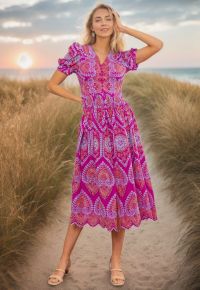 Exotic Garden Cutwork Embroidery Midi Dress